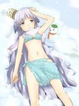  aqua_sarong arm_up blue_bra blue_eyes blue_panties bra crown highres long_hair lying miyo_(ranthath) navel on_back original panties print_sarong sarong silver_hair snow snowman solo underwear very_long_hair 