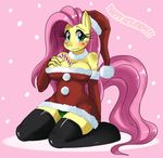  2012 anthro anthrofied blush breasts candy_cane christmas cleavage clothed clothing english_text equine female fluttershy_(mlp) friendship_is_magic fur green_eyes hair hat holidays horse kneeling legwear long_hair looking_at_viewer mammal my_little_pony panties pink_background pink_hair plain_background pony snow solo sssonic2 stockings text thighs underwear voluptuous wide_hips yellow_fur 