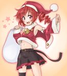  :d bare_shoulders belt black_legwear blush detached_sleeves drill_hair hat holding kasane_teto looking_at_viewer metaphor_(artist) midriff navel open_mouth outline pink_eyes red_hair sack santa_hat single_thighhigh skirt smile solo star thighhighs twin_drills twintails utau 