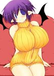  bad_id bad_pixiv_id bare_shoulders black_wings breasts couch curvy demon_girl gigantic_breasts no_pants original panties pantyshot pantyshot_(sitting) pointy_ears purple_eyes purple_hair sakaki_(noi-gren) short_hair simple_background sitting smile solo succubus sweater thighs turtleneck underwear white_background white_panties wings 