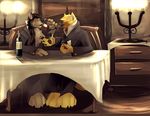  beverage black_nose blonde_hair bottle brown_hair candle canine claws clothing duo fur glass grey_fur hair male mammal night no_swift open_mouth pawpads popped_collar sitting wine wine_glass wolf yellow_fur 