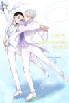  2boys black_hair blue_eyes bouquet bow bowtie brown_eyes dated eye_contact flower formal hair_slicked_back hand_on_another&#039;s_hip happy_birthday highres ice_skates jewelry katsuki_yuuri kisaragi_mizu looking_at_another male_focus multiple_boys necktie ring silver_hair skates skating smile suit twitter_username viktor_nikiforov white_suit yuri!!!_on_ice 
