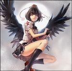  banned_artist black_hair black_legwear black_wings border camera hat holding kneehighs kozou_(soumuden) legs looking_at_viewer red_eyes shameimaru_aya short_hair skirt smile solo squatting tokin_hat touhou wings 