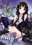  absurdres amamiya_chiharu bare_shoulders black_hair bow bra braid cat collarbone hair_bow hair_ornament hairclip highres huge_filesize long_hair looking_at_viewer original parted_lips purple_eyes scan shorts sitting solo striped striped_legwear thighhighs thighhighs_pull underwear very_long_hair 