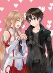  1girl :d asuna_(sao) belt black_eyes black_hair braid breastplate brown_hair closed_eyes couple detached_sleeves heart heart_background hetero holding_hands interlocked_fingers kirito long_hair naruse_chisato open_mouth pleated_skirt short_hair skirt smile sword_art_online very_long_hair 