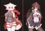  :d animal_ears black_gloves black_hair black_legwear black_wings blush breasts brown_hair cameltoe cleavage contemporary gloves hat highres inubashiri_momiji karochii large_breasts looking_at_viewer multiple_girls open_mouth pointy_ears red_eyes revision ribbed_sweater ribbon scarf shameimaru_aya short_hair silver_hair skirt smile striped striped_background sweater tail thighhighs tokin_hat touhou vertical-striped_background vertical_stripes white_hair white_legwear wings wolf_ears wolf_tail 
