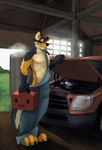  biceps black_fur black_nose canine car claws clothed clothing dog fur grass half-dressed jumpsuit looking_at_viewer male mammal mechanic muscles no_swift orange_fur pecs pose purple_eyes sky smile solo standing toe_claws toned toolbox topless white_fur 