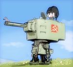  animal bird blonde_hair blue_eyes blue_sky cannon chibi day emblem fang field girls_und_panzer grass helmet katyusha lowres mecha military military_uniform pravda_(emblem) pravda_military_uniform shimada_fumikane sky solo turret uniform 