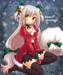  :o bell black_legwear blush breasts choker dress green_eyes hair_bell hair_ornament long_hair medium_breasts miruki mittens original pointy_ears ribbon_choker sack silver_hair sitting solo star thighhighs twintails 