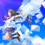  1girl antenna_hair bag blouse blue_eyes blue_legwear blue_sailor_collar blue_skirt blue_sky brown_footwear brown_hair cloud commentary_request eyebrows_visible_through_hair flying_paper highres holding holding_bag jumping kneehighs kyon_(kyouhei-takebayashi) loafers long_hair miniskirt open_bag open_mouth original outstretched_arms paper pleated_skirt red_ribbon ribbon sailor_collar school_bag school_uniform serafuku shoes short_sleeves skirt sky solo water_drop white_blouse 
