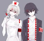  black_eyes black_hair black_jacket blood blood_on_face collarbone commentary_request cross dot_nose grey_background hat holding jacket kenkoumineral13 looking_at_viewer looking_to_the_side medium_hair nurse nurse_cap open_eyes open_mouth red_eyes shirt simple_background stitched_face stitches suzuya_juuzou syringe tokyo_ghoul tokyo_ghoul:re tongue tongue_out translation_request trap white_hair white_shirt white_sleeves white_uniform 