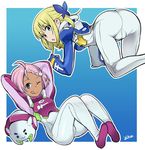  ahoge all_fours animal_helmet ass bad_id bad_pixiv_id bodysuit bow braid cameltoe elena_peoples eureka_seven_(series) eureka_seven_ao fleur_blanc hair_bow headwear_removed helmet helmet_removed multiple_girls saitou_yahu short_hair 