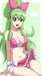  1boy androgynous bikini bow breasts bulge erect_nipples goriate green_hair ixion_saga large_breasts long_hair male male_focus mariandale newhalf purple_eyes sarong skirt skirt_lift smile solo swimsuit trap 
