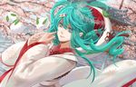  absurdres aqua_hair blue_eyes cherry_blossoms citemer hair_ornament_removed hatsune_miku highres hood japanese_clothes kimono leaf long_hair shrine snow_bunny solo tongue tongue_out twintails uchikake very_long_hair vocaloid wind yuki_miku 