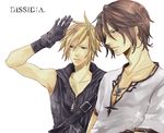  blonde_hair blue_eyes brown_hair chizu_(rk) cloud_strife collarbone dissidia_final_fantasy final_fantasy final_fantasy_vii final_fantasy_viii gloves griever jewelry multiple_boys necklace shirt simple_background sleeveless sleeveless_shirt squall_leonhart t-shirt white_background zipper 