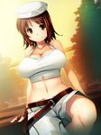  bare_shoulders belt breasts brown_eyes brown_hair cleavage fingerless_gloves gloves hat ikujitto large_breasts looking_at_viewer mabinogi midriff navel short_hair shorts sitting smile solo 