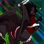  abstract_background big_butt black_fur black_nose butt canine christmas clothing ears_up erotic fluffy_tail halo hands holidays looking_at_viewer looking_back nails nightmare_(artist) orange_eyes outline presenting presenting_hindquarters red_clothing red_lipstick solo standing star watermark wings wolf 