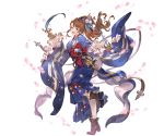  1girl ankle_boots bangs beatrix_(granblue_fantasy) boots brown_eyes brown_footwear brown_hair cherry_blossoms detached_sleeves ema full_body granblue_fantasy hair_ornament hair_stick holding japanese_clothes kimono leg_up long_hair long_sleeves looking_at_viewer minaba_hideo obi official_art open_mouth paintbrush parted_bangs petals sash shiny shiny_hair smile solo transparent_background wide_sleeves 