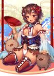  1girl 2019 :d alcohol animal animal_ears armpit_crease bangs bare_shoulders blush blush_stickers bracelet breasts breasts_apart brown_hair brown_legwear chinese_zodiac commentary_request cup dark_skin detached_sleeves eyeshadow fangs flower frills groin hair_between_eyes hair_flower hair_ornament hand_up holding jewelry long_sleeves looking_at_viewer makeup matatabi_maru medium_breasts navel open_mouth original petting pig red_eyes red_flower revealing_clothes sakazuki sake see-through seiza short_hair sideboob sidelocks sitting skindentation smile solo thick_eyebrows thighhighs thighs underbust wide_sleeves year_of_the_pig 