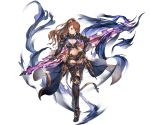  1girl armor armored_boots bangs beatrix_(granblue_fantasy) belt boots breasts brown_eyes brown_hair cleavage closed_mouth detached_sleeves full_body gloves glowing glowing_weapon granblue_fantasy hair_ornament hand_on_hip holding holding_sword holding_weapon long_hair looking_at_viewer medium_breasts midriff minaba_hideo navel official_art overskirt parted_bangs pauldrons ponytail reverse_grip shiny shiny_clothes shiny_hair shorts shoulder_armor smile solo sword thighhighs weapon 