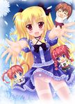  ^_^ belt blonde_hair blue_eyes blush_stickers braid brown_hair chibi closed_eyes dress fang fate_testarossa flower hair_ribbon kouzuki_hajime long_sleeves lyrical_nanoha mahou_shoujo_lyrical_nanoha mahou_shoujo_lyrical_nanoha_a's multiple_girls open_mouth orange_hair outstretched_arms panties panties_under_pantyhose pantyhose red_eyes ribbon school_uniform short_hair short_sleeves short_twintails skirt smile sweater takamachi_nanoha thighband_pantyhose thighhighs twin_braids twintails underwear vita white_legwear yagami_hayate 