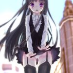  bangs black_hair black_legwear blunt_bangs blush d: dress garter_straps inu_x_boku_ss koumo long_hair looking_at_viewer open_mouth panties pantyshot purple_eyes school_uniform shirakiin_ririchiyo skirt solo thighhighs underwear upskirt very_long_hair white_panties wind 