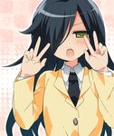  bad_id bad_pixiv_id black_hair blazer blush double_v green_eyes hair_over_one_eye ika jacket kuroki_tomoko long_hair necktie school_uniform solo v watashi_ga_motenai_no_wa_dou_kangaetemo_omaera_ga_warui! 