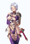  1girl 2012 abs armor blue_eyes blush boots breasts choker cleavage cleavage_cutout earrings elbow_gloves female gauntlets gloves highres isabella_valentine jewelry laceups large_breasts leather lipstick makeup muscle namco navel short_hair simple_background solo soul_calibur soul_calibur_iv soulcalibur_iv standing sword thighhighs tied_up underboob weapon whip white_hair 