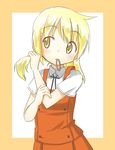  adjusting_hair blonde_hair blush hatopoo_(beach7pijon) hidamari_sketch long_hair miyako mouth_hold rubber_band school_uniform solo yellow_eyes 