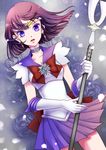  absurdres back_bow bishoujo_senshi_sailor_moon blue_background bow brooch brown_bow choker dutch_angle earrings floral_background gloves highres holding holding_spear holding_weapon jewelry magical_girl megumi_choco pleated_skirt polearm purple_eyes purple_hair purple_sailor_collar purple_skirt ribbon sailor_collar sailor_saturn sailor_senshi_uniform short_hair silence_glaive skirt solo spear star star_choker tiara tomoe_hotaru weapon white_gloves 