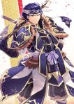  1boy armor blue_eyes blue_hair cape fire_emblem fire_emblem:_rekka_no_ken fire_emblem_heroes gloves hair_ornament headband hector_(fire_emblem) highres japanese_armor looking_at_viewer male_focus nakabayashi_zun new_year nintendo polearm short_hair simple_background smile solo spear weapon 