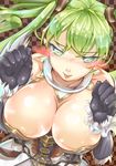  amajita bad_id bad_pixiv_id breasts cleavage from_above gloves green_eyes green_hair large_breasts long_hair monster_hunter monster_hunter_frontier solo twintails 