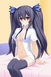  bad_id bad_pixiv_id black_hair blush bow breasts cleavage collarbone hair_bow hair_ornament kami_jigen_game_neptune_v long_hair looking_at_viewer medium_breasts naked_shirt navel neptune_(series) noire red_eyes sd shirt smile solo thighhighs twintails very_long_hair 