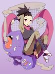  anzu_(pokemon) fishnets gym_leader ninja pokemon purple_eyes purple_hair sandals scarf tabi weezing 