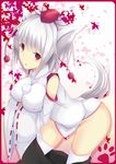  animal_ears bad_id bad_pixiv_id bare_shoulders blush border breasts daiaru detached_sleeves hat inubashiri_momiji large_breasts looking_at_viewer no_panties red_eyes silver_hair skirt skirt_pull solo tail thighhighs tokin_hat touhou white_legwear wolf_ears wolf_tail 