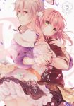  1boy 1girl amiko_(frostedchocolate) atelier_(series) atelier_escha_&amp;_logy belt black_skirt bracelet closed_mouth couple cover cover_page cowboy_shot doujin_cover escha_malier fake_tail frills gem green_eyes grey_hair hair_between_eyes hand_holding hat hat_removed headwear_removed hetero jewelry logix_ficsario looking_at_viewer necklace panties pink_hair purple_sweater rating short_hair skirt smile sweater tail twintails underwear white_background white_panties 