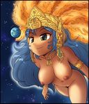  apocalypse blue_hair breasts earth fire flying_sweatdrops giantess goddess green_eyes groin headdress karbo large_breasts long_hair maya_(culture) md5_mismatch nipples nude original pubic_hair scared smile solo space star very_long_hair 