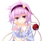  :3 ahoge bad_id bad_pixiv_id blush chin_rest hairband heart jitome komeiji_satori looking_at_viewer matsuyama_nozomu pink_hair purple_eyes short_hair simple_background smile solo third_eye touhou upper_body white_background 