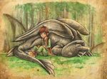  dragon eyes_closed feral green_eyes grey_scales hair hiccup_(httyd) how_to_train_your_dragon human male mammal night_fury outside red_hair scalie sleeping smile toothless wings zunu-raptor 