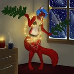  alishka android blue_eyes blue_hair body_markings bra breasts candle canine christmas_lights coffee female fur hair holidays lights mammal markings navel nova open_mouth panties perky_ears red_fur snow star tree_branch underwear white_belly 