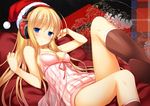  47agdragon babydoll blonde_hair blue_eyes boots breasts cleavage ferrari hat headphones legs logic3 logo long_hair lying medium_breasts red_legwear santa_hat solo strap_slip 