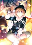  blush braid brown_eyes brown_hair christmas_lights hat highres long_sleeves moon real_life riyo_(riyontoko) sitting smile solo star toyosaki_aki 