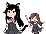  2girls :d animal_ears arashio_(kantai_collection) asashio_(kantai_collection) black_hair brown_hair cat_ears cat_tail cat_teaser dress eyes_closed kantai_collection long_hair long_sleeves lowres multiple_girls neck_ribbon open_mouth pinafore_dress remodel_(kantai_collection) ribbon simple_background smile solid_circle_eyes tail terrajin white_background 