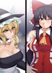  ascot black_hair blonde_hair blush borrowed_design bow braid breasts cleavage detached_sleeves hair_bow hair_tubes hakurei_reimu hands_on_hips hat kirisame_marisa kupala large_breasts leotard long_hair multiple_girls one_eye_closed red_eyes short_hair touhou witch_hat wrestling yellow_eyes 