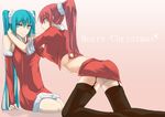  christmas garter_straps hatsune_miku highres kyouya_(mukuro238) long_hair megurine_luka multiple_girls santa_costume thighhighs very_long_hair vocaloid yuri 