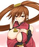  areola_slip areolae blush breast_hold breast_slip breasts brown_eyes brown_hair chinese_clothes cleavage_cutout guilty_gear highres kuradoberi_jam large_breasts long_hair looking_at_viewer nipples one_breast_out shuugetsu_karasu solo 