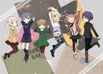  arms_up bad_id bad_pixiv_id black_legwear blonde_hair blue_hair blush boots brown_eyes brown_hair casual double_bun dress glasses green_eyes green_hair hair_ornament hairclip hidamari_sketch hiro jumping legwear_under_shorts looking_at_viewer miyako multiple_girls nazuna nori open_mouth pantyhose pink_hair sae short_hair shorts skirt smile ume_(plumblossom) yellow_eyes yuno 