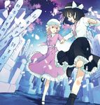  :d black_hair blonde_hair blue_eyes boots ghostly_field_club holding_hands maribel_hearn multiple_girls nakatani_nio necktie open_mouth purple_eyes short_hair skirt smile sotoba touhou usami_renko 