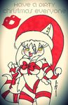  blush bondage bound bow breasts christmas dragon ear_piercing female freckles hair hand_on_hip hat holidays kiss_mark long_eyelashes long_hair looking_at_viewer piercing ribbons santa_hat text tongue tongue_out traditional_art traditional_media yellow_eyes 