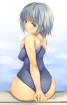  ass blue_hair blush from_behind green_eyes looking_back mikage_sekizai one-piece_swimsuit original pool short_hair sitting solo swimsuit 